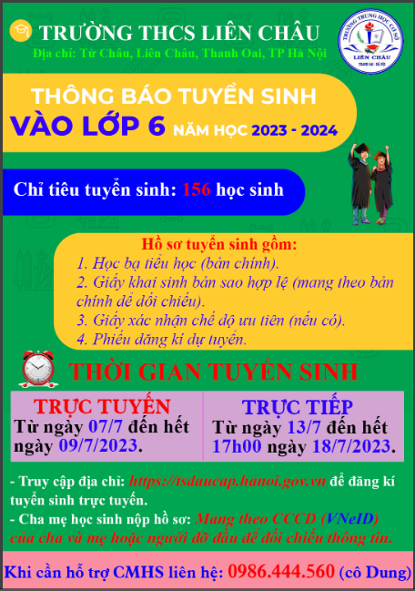 TUYỂN SINH ĐẦU CẤP LỚP 6 NĂM HỌC 2023 - 2024
